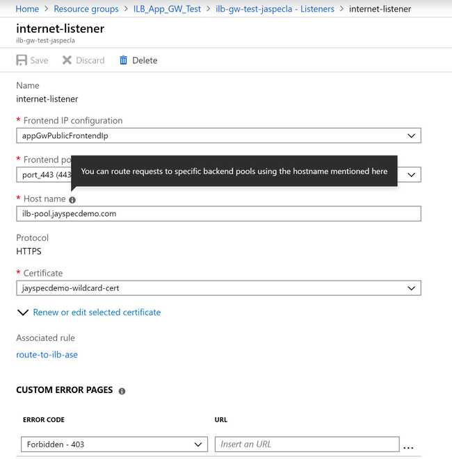 App Gateway Listener settings blade in Azure Portal